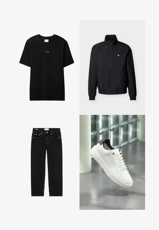 Chaqueta cortavientos negra con cremallera en el frente, cuello alto, puños elásticos y cinturilla ajustable. Presenta un pequeño logo blanco en el pecho izquierdo.; Camiseta de algodón negra con cuello redondo y mangas cortas. Presenta un pequeño logo blanco "Calvin Klein" en el frente. Ajuste clásico y suave.; Vaqueros de mezclilla negra con un corte recto, textura ligeramente desgastada, cinco bolsillos y detalles en metal plateado. Etiqueta en la cintura.; Zapatilla blanca de perfil bajo con lengüeta del talón texturizada en negro, cordones blancos y suela gruesa sobre un suelo de cemento pulido cerca de bloques de vidrio.