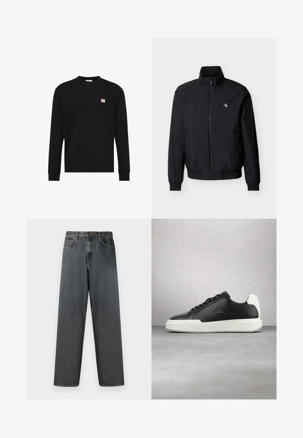 Chaqueta cortavientos negra con cremallera en el frente, cuello alto, puños elásticos y cinturilla ajustable. Presenta un pequeño logo blanco en el pecho izquierdo.; Jersey negro de manga larga con cuello redondo y pequeño parche del logo CK beige y rojo en el pecho izquierdo.; Jeans de mezclilla gris oscuro con un diseño de pierna recta, cinco bolsillos y cierre de botón y cremallera. La tela presenta un ligero desgaste y costuras.; Zapatilla de cuero negro con puntera redonda, suela de goma blanca y cordones negros. Presenta un logo en el lateral y un detalle en blanco contrastante en el talón.