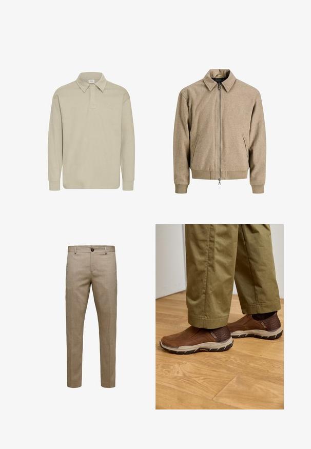 Veste bomber en mélange de laine marron, avec fermeture éclair à l'avant, deux poches latérales, des poignets et un col côtelés, dotée d'une finition en tissu texturé.; Polo à manches longues de couleur beige clair, avec un col et une texture subtile. Pas de logos ni de motifs visibles.; Pantalon habillé beige homme coupe slim avec passants pour ceinture, fermeture à bouton sur le devant et poches latérales, présenté sur fond blanc.; Chaussures marron à enfiler avec des accents texturés, semelles en caoutchouc beige et un design élégant, associées à un pantalon khaki sur un sol en bois.