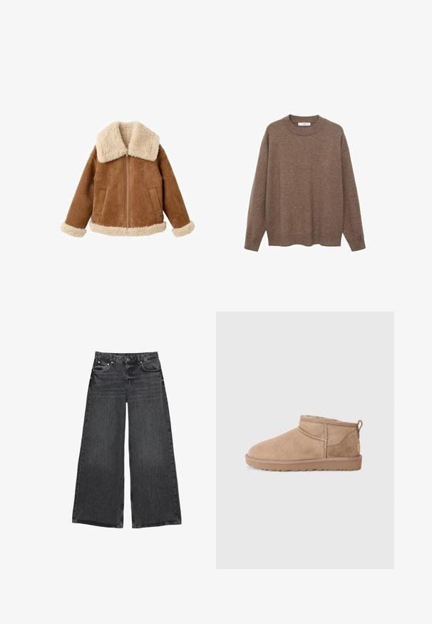 Lysebrun ruskindjakke med stor kremhvid faux shearling-krave og manchetter. Har frontlynlås og to sidelommer. Tekstureret finish over det hele.; Brun strikket sweater med rund halsudskæring og lange ærmer. Den har en afslappet pasform samt ribbede manchetter og søm for ekstra tekstur.; Sort denimjeans med vide ben, falmet vask, fem-lomme-design, knaplukning og kontrastsyning.; Brune ruskinds ankler støvler med blød indvendig foring, quiltede detaljer og en struktureret gummisål for godt greb. Sløjfe bagpå for nem påtagning.