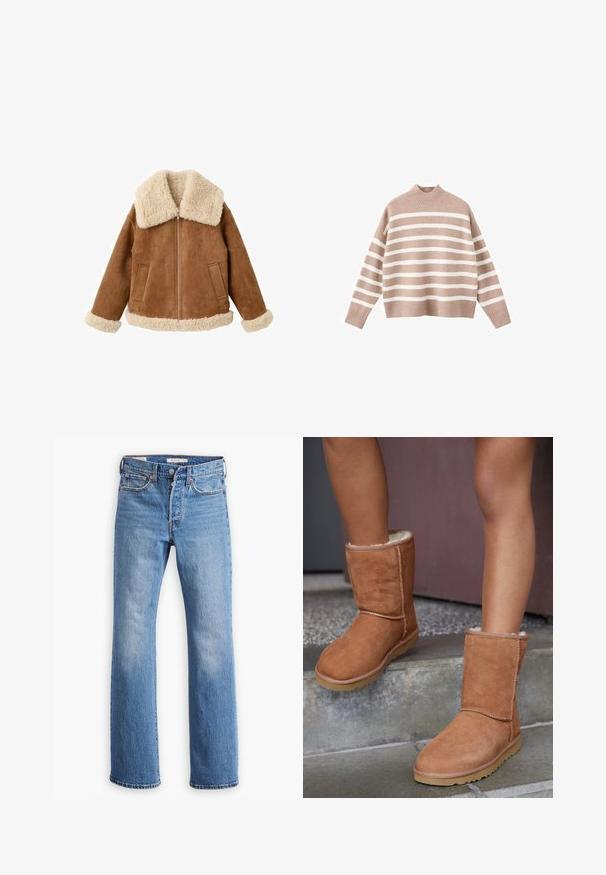 Beige Wildlederjacke mit großem cremefarbenem Kunst-Lammfellkragen und -manschetten. Verfügt über einen Frontreißverschluss und zwei Seitentaschen. Farblich strukturierte Oberfläche.; Beige gestreifter Pullover mit weißen horizontalen Streifen, ausgestattet mit einem gerippten hohen Halsausschnitt und weiten Ärmeln, aus weichem Strickstoff hergestellt.; Blaue Jeans aus Denim mit geradem Bein, hoher Taille, klassischer Fünf-Taschen-Optik und auffälligen Verblassungen an den Oberschenkeln.; Braune Wildleder-Stiefeletten mit runder Spitze, weicher Innenausstattung und Gummisohle, die über sichtbare Nähte entlang der Nähte verfügen.