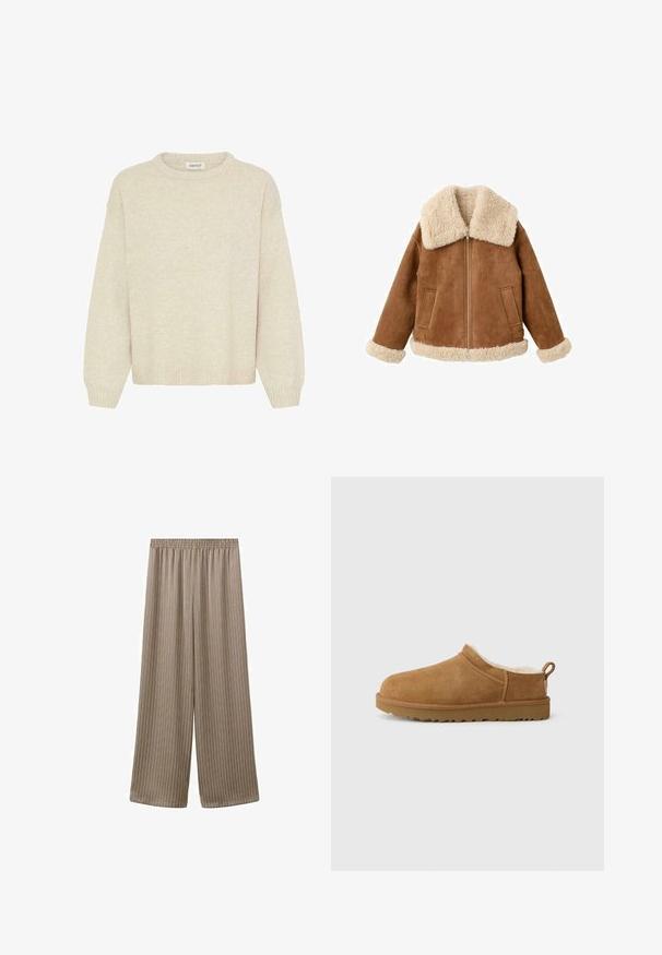 Veste en daim beige avec un grand col et des poignets en fausse fourrure crème. Elle comporte une fermeture éclair à l'avant et deux poches latérales. Fini texturé sur toute la surface.; Pull léger beige en tricot doux, avec un col rond, des épaules tombantes, et un ourlet et des poignets côtelés. Pas de motifs ni d'accents.; Pantalon beige à jambes larges avec fines rayures verticales, taille élastique et coupe ample s'étendant jusqu'aux chevilles.; Chaussure mocassin en suède marron avec une douillette doublure en fourrure blanche, semelle plate en caoutchouc, bout arrondi et petite languette au talon.