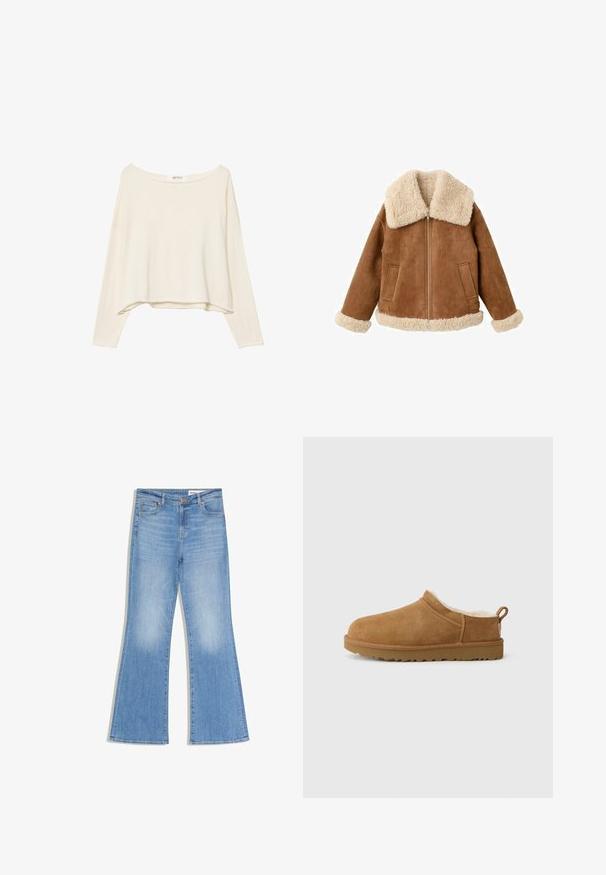 Veste en daim beige avec un grand col et des poignets en fausse fourrure crème. Elle comporte une fermeture éclair à l'avant et deux poches latérales. Fini texturé sur toute la surface.; Sweatshirt court beige clair avec un large col, des manches longues et un tissu doux et texturé. Présente une coupe décontractée et carrée.; Jean évasé bleu clair avec une texture en denim lisse, doté de cinq poches, d'une fermeture à bouton unique, et d'un léger délavage près des genoux.; Chaussure mocassin en suède marron avec une douillette doublure en fourrure blanche, semelle plate en caoutchouc, bout arrondi et petite languette au talon.