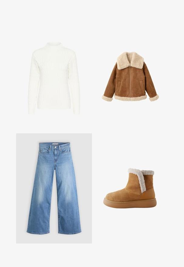 Veste en daim beige avec un grand col et des poignets en fausse fourrure crème. Elle comporte une fermeture éclair à l'avant et deux poches latérales. Fini texturé sur toute la surface.; Pull en maille torsadée blanche avec un col montant, des manches longues et un motif texturé. Le tissu semble doux et légèrement extensible.; Jeans larges bleu clair en denim, avec une taille haute, une fermeture éclair et un bouton à l'avant, et un design classique à cinq poches.; Botte à cheville en suède beige avec un col en shearling, bout arrondi et semelle en caoutchouc épaisse. Présente un panneau arrière lisse et une couture contrastante.