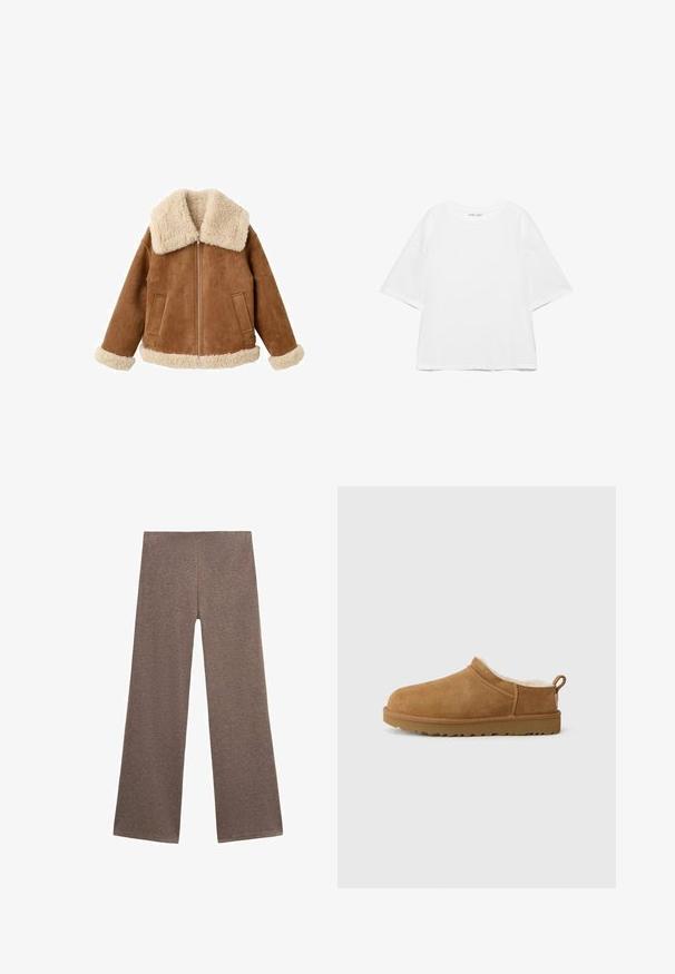 Veste en daim beige avec un grand col et des poignets en fausse fourrure crème. Elle comporte une fermeture éclair à l'avant et deux poches latérales. Fini texturé sur toute la surface.; T-shirt blanc oversize à manches courtes avec col rond, design uni, et coutures d'épaule tombantes sur fond blanc.; Pantalons larges marron en tissu doux et texturé. Le design présente une taille haute et une coupe ample, idéale pour un look décontracté.; Chaussure mocassin en suède marron avec une douillette doublure en fourrure blanche, semelle plate en caoutchouc, bout arrondi et petite languette au talon.