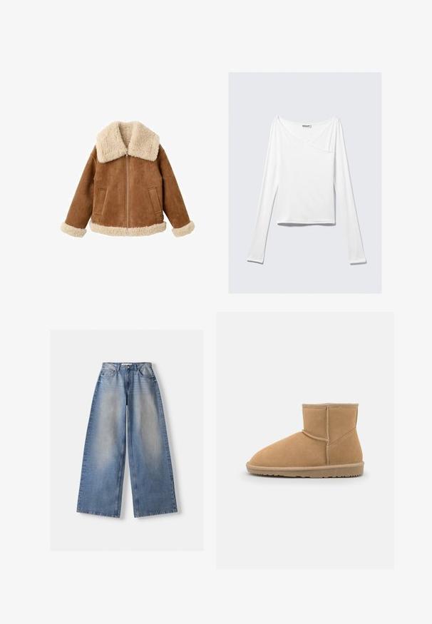Beige Wildlederjacke mit großem cremefarbenem Kunst-Lammfellkragen und -manschetten. Verfügt über einen Frontreißverschluss und zwei Seitentaschen. Farblich strukturierte Oberfläche.; Weißes Langarmoberteil mit einem Überlappungsdesign und einer Tasche. Hergestellt aus einem glatten, elastischen Material. In einem lässigen, entspannten Schnitt.; Weite blaue Jeans mit hohem Bund und verwaschenen Details, flach auf weißem Hintergrund ausgelegt.; Beige Wildleder-Ankle-Boot mit abgerundeter Zehenpartie und gepolsterter Lasche, versehen mit kontrastierenden Nähten und einer strukturierten Gummisohle.