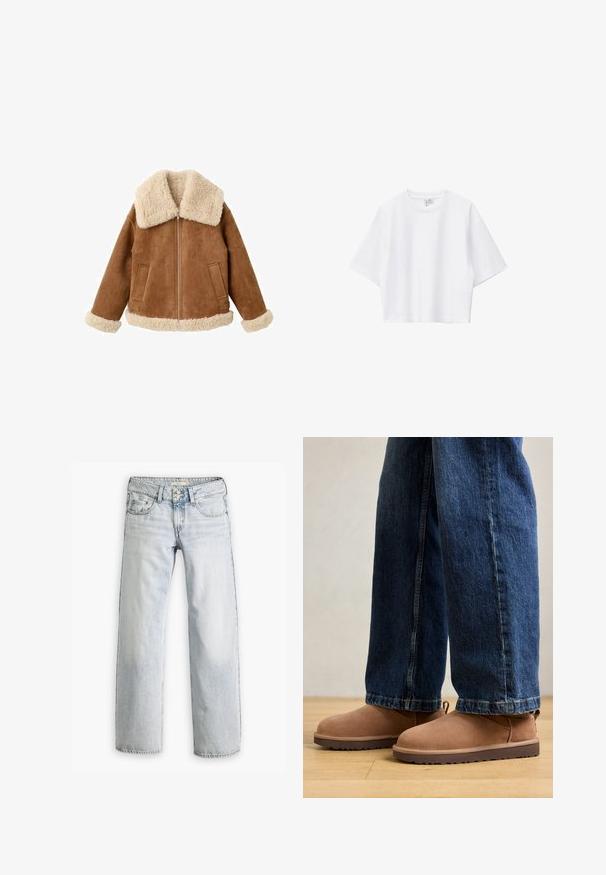 Beige Wildlederjacke mit großem cremefarbenem Kunst-Lammfellkragen und -manschetten. Verfügt über einen Frontreißverschluss und zwei Seitentaschen. Farblich strukturierte Oberfläche.; Weißes, kurz geschnittenes T-Shirt aus weicher Baumwolle mit Rundhalsausschnitt, kurzen Ärmeln und lockerer Passform. Einfaches und vielseitiges Design.; Hellblaue Denim-Jeans mit lockerer Passform, hoher Taille und fünf Taschen. Mit Stitching-Akzenten und einem Knopfverschluss.; Braune Wildleder Stiefeletten mit flacher Sohle, runder Spitze und einer kleinen Zuglasche, kombiniert mit blauen Jeans im geraden Schnitt.