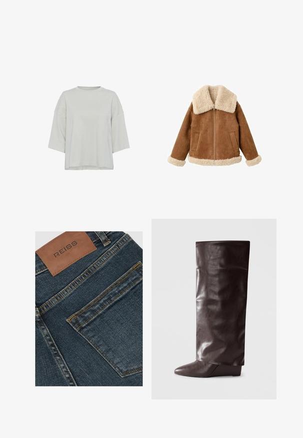 Lysebrun ruskindjakke med stor kremhvid faux shearling-krave og manchetter. Har frontlynlås og to sidelommer. Tekstureret finish over det hele.; Lys grå, kortærmet top lavet af blød stof. Har en rund halsudskæring og subtile sømdetaljer foran. Regular fit.; Denimjeans i en mørk vask med et lædermærke med brandet "REISS." Indeholder kontrasterende gule syninger og en baglomme.; Brun læder knæhøj støvle med en glat tekstur, spids tå, lav kilehælhøj samt en let krøllet finish.