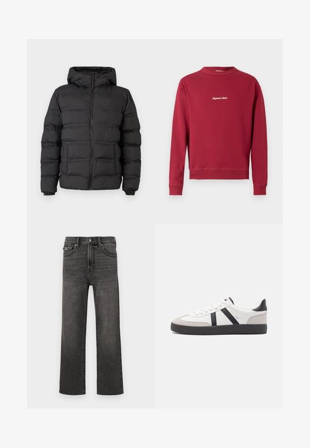 Sort pufferjakke med lynlås foran, tætsiddende hætte og syede sektioner til isolering. Blød, glat tekstur og en struktureret design.; Bordeaux sweatshirt lavet af en bomuldsblanding med rund hals, ribbede manschetter og nederste kant. Har hvidt broderet tekst "Original Studio" på forsiden.; Sorte jeans med lige ben og falmede detaljer, med front- og møntlommer, knap- og lynlås-lukning, præsenteret på en hvid baggrund.; Hvide sneakers med sorte og grå detaljer, med en tekstureret grå tåhætte, sort gummisål og flade hvide snørebånd. Rent design, minimalistisk stil.