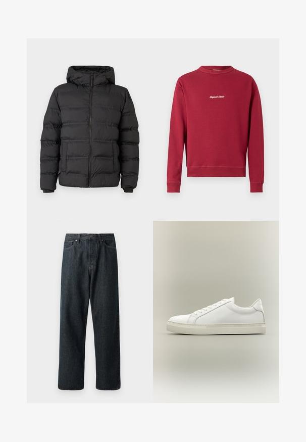 Doudoune noire avec fermeture éclair à l'avant, capuche ajustée et sections cousues pour l'isolation. Texture douce et lisse, avec un design structuré.; Sweatshirt bordeaux en mélange de coton avec un col rond, des poignets et un ourlet côtelés. Présente un texte brodé blanc "Original Studio" sur le devant.; Jeans en denim foncé avec une coupe droite, dotés d'une disposition traditionnelle à cinq poches et d'une fermeture à bouton en métal à la taille.; Baskets blanches basses à lacets sur l’avant et semelle épaisse, vues de côté sur un fond neutre.