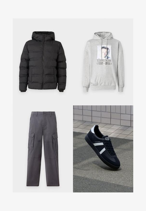 Zwarte pufferjack met een ritssluiting aan de voorkant, een aangesloten capuchon en gestikte secties voor isolatie. Zachte, gladde textuur en een gestructureerd ontwerp.; Lichtgrijze hoodie met een foto aan de voorkant en de tekst "XXXTENTACION (1998 - 2018)" ter nagedachtenis aan de overleden muziekartiest.; Hollister Co. SKATER BAGGY - Cargobroek - grey; Zwarte leren sneaker met witte strepen, een gestructureerde rubberen zool en vetersluiting aan de voorkant. Voorzien van een merklabel op de tong.