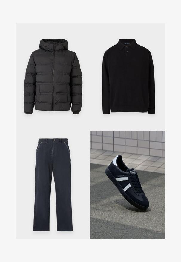 Sort pufferjakke med lynlås foran, tætsiddende hætte og syede sektioner til isolering. Blød, glat tekstur og en struktureret design.; Sort pullover sweater med kravehals, tre knapper foran, ribbede manchetter og afslutning, lavet af et blødt strikket materiale.; Mørkeblå bomuldsbukser med lige ben-design. Har forlommer, knaplukning og synlige syninger.; Sort lædersneaker med hvide striber, tekstureret gummisål og snørrebånd foran. Har et brandet mærke på tungen.
