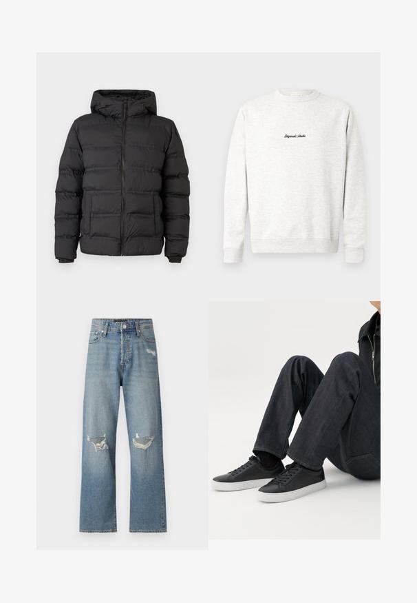 Sort pufferjakke med lynlås foran, tætsiddende hætte og syede sektioner til isolering. Blød, glat tekstur og en struktureret design.; Lys grå crewneck sweatshirt lavet af blødt materiale, med et lille sort "Originals Studio" logo på fronten og ribbede manchetter.; Lyseblå denimjeans med lige ben design. De har to huller ved knæene og en klassisk lynlås med knaplukning.; Person siddende med bøjede ben, iført mørkeblå jeans og sorte lave sneakers med hvide såler på en hvid baggrund.