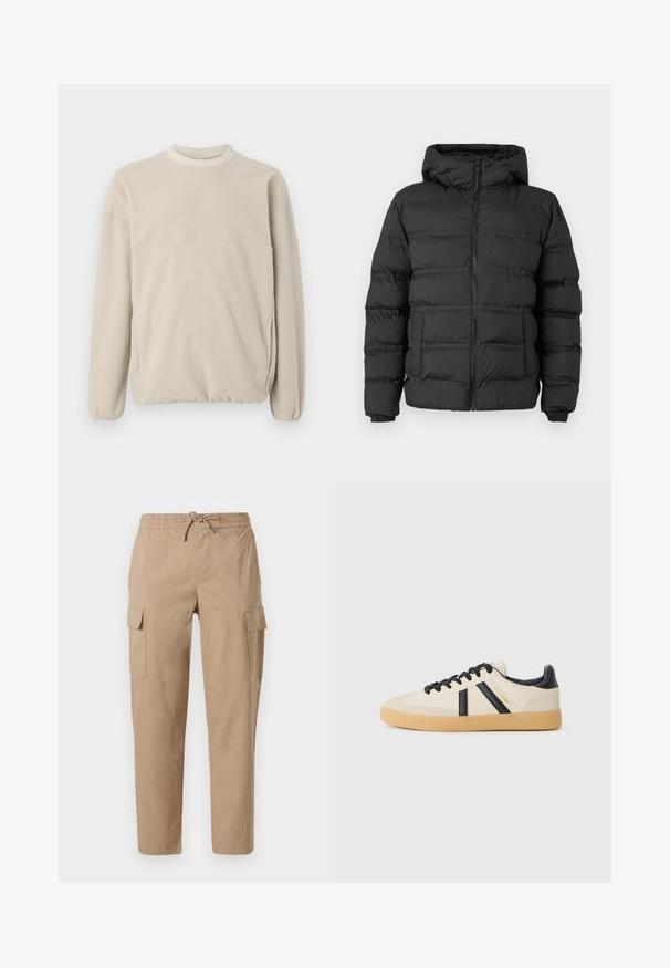 Doudoune noire avec fermeture éclair à l'avant, capuche ajustée et sections cousues pour l'isolation. Texture douce et lisse, avec un design structuré.; Sweatshirt en polaire beige clair avec un col rond, des poignets élastiques et une poche frontale. Texture douce, coupe décontractée et design minimaliste.; Pantalons cargo beiges en coton, dotés d'une taille élastique avec cordon de serrage, de deux poches latérales et d'une coupe décontractée.; Baskets décontractées en crème avec des rayures noires, présentant un dessus texturé et une semelle en caoutchouc. Les lacets sont noirs. Logo discret sur le côté.