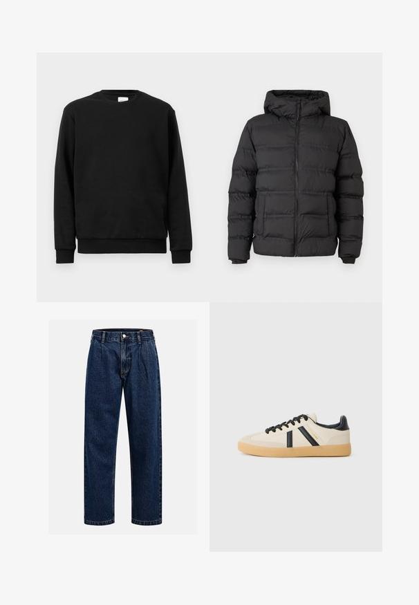 Sort pufferjakke med lynlås foran, tætsiddende hætte og syede sektioner til isolering. Blød, glat tekstur og en struktureret design.; Sort sweatshirt lavet af bomuldsblanding; har rund hals, lange ærmer og ribbede mansjetter og forneden for en tætsiddende pasform.; Mørkeblå denimjeans med lige ben-design. Har synlige syninger, en knaplukning og frontfoldninger for ekstra detalje.; Casual sneakers i creme med sorte striber, med en tekstureret overdel og sål i gummigummi. Snørebåndene er sorte. Diskret logo på siden.