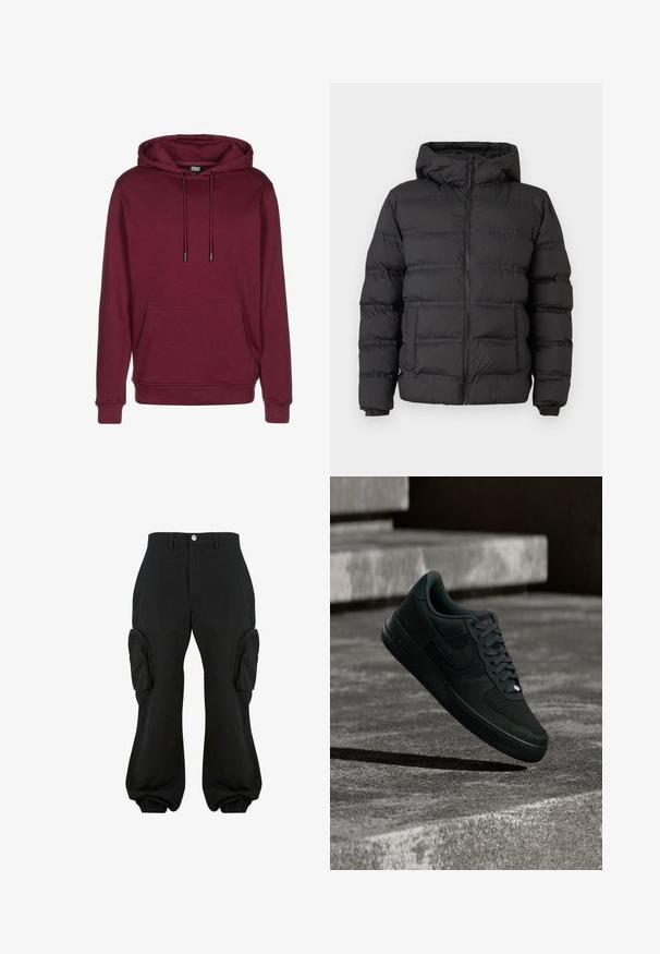 Schwarze Daunenjacke mit durchgehendem Reißverschluss, enganliegendem Kapuzendesign und genähten Bereichen zur Isolierung. Weiche, glatte Textur und strukturierte Form.; Burgunderfarbener Kapuzenpullover mit einer vorderen Tasche, Kordelzügen und gerippten Bündchen. Hergestellt aus weichem Stoff mit glatter Textur.; Schwarze Cargo-Hosen mit lockerer Passform, ausgestattet mit zwei seitlichen Cargo-Taschen, elastischen Bündchen an den Knöcheln und einem Knopfverschluss auf der Taille.; Schwarzer Nike Air Force 1 Sneaker mit Mesh- und Lederdetails, der bei schwacher Beleuchtung über strukturierte Betontreppen schwebt.