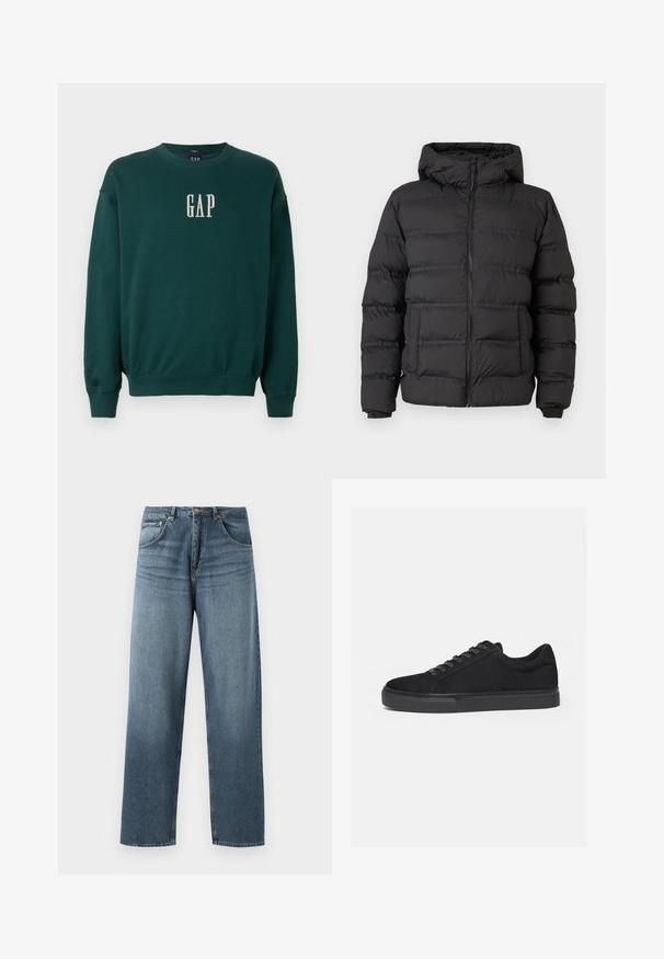 Mustmust valge jope, millel on lukuga esitasku, sobiv kapuuts ja eraldatud osad soojuse hoidmiseks. Pehme, sile tekstuur ja struktureeritud disain.; Roheline pikade varrukatega sweatshirt ribidega mansettide ja vöökohtadega, millel on valge tikandiga "GAP" logo rinnal. Pehme kangastekstuuri.; Sirged sinise denimist teksad sirgjoonesega, heledama pesuga, viie tasku disainiga, metallnööpide ja vöörihmadega. Kindel, keskmise raskusega kangas.; Must madalate tossudega toss, eesnöörimine ja lame kummitald, näidatud küljelt valgel taustal.