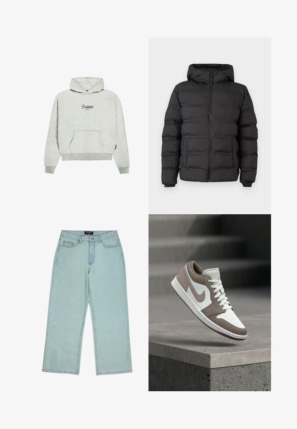Zwarte pufferjack met een ritssluiting aan de voorkant, een aangesloten capuchon en gestikte secties voor isolatie. Zachte, gladde textuur en een gestructureerd ontwerp.; PROHIBITED GARMENT - Hoodie - greymelange; Lichtblauwe denim wijde broek met een hoge taille, voorzien van riemlussen, zijzakken en een vervaagde textuur. Messing knoopsluiting en stikseldetails.; Witte en taupe lage sneaker met veters, tussenzool en Nike swoosh die boven een betonnen richel zweeft, met trappen op de achtergrond.