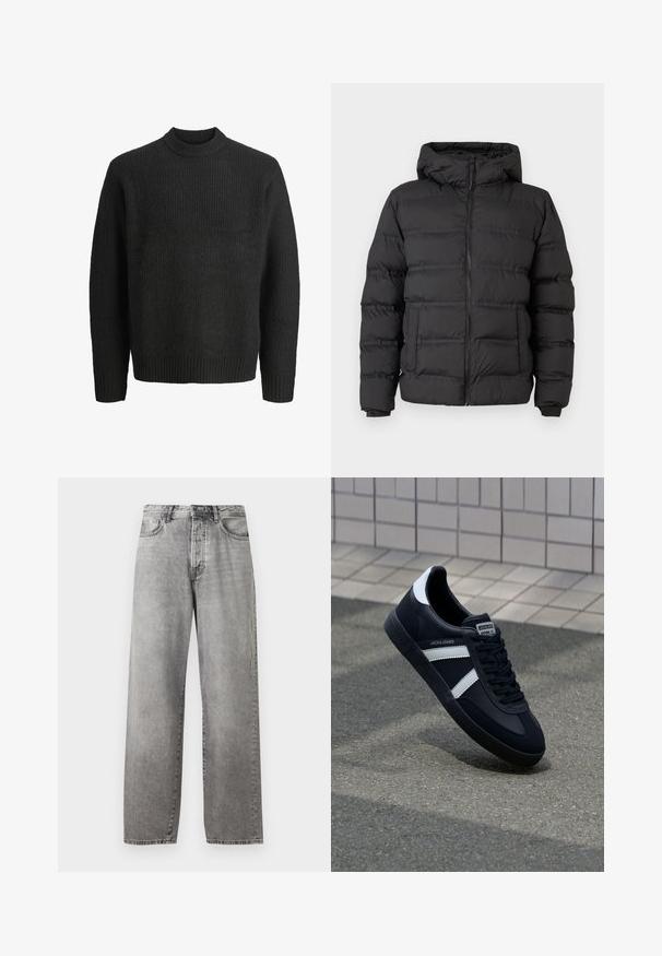Sort pufferjakke med lynlås foran, tætsiddende hætte og syede sektioner til isolering. Blød, glat tekstur og en struktureret design.; Sort strikket crewneck-sweater med lange ærmer og ribbede manchetter og kant, vist på hvid baggrund.; Grå vidde jeans lavet af denim. Har en høj talje, fem lommer og en knap- og lynlåslukning. Subtil falmning på stoffet.; Sort lædersneaker med hvide striber, tekstureret gummisål og snørrebånd foran. Har et brandet mærke på tungen.