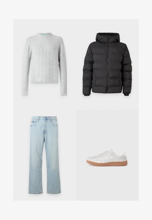 Sort pufferjakke med lynlås foran, tætsiddende hætte og syede sektioner til isolering. Blød, glat tekstur og en struktureret design.; Lysegrå strikket sweater med kabelstrikmønster på brystet, rund hals, lange ærmer og ribbede manchetter og bund. Glat tekstur, minimal branding.; Lyseblå denimjeans med en løs, bred bendesign. Har fem lommer, bæltestropper og en lynlås med knaplukning.; Sølv sneakers med en glat overflade, snørebånd, perforerede detaljer og en struktureret brun gummi sål.