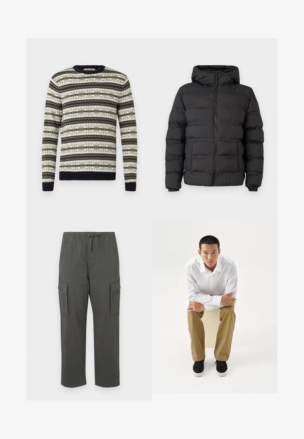 Doudoune noire avec fermeture éclair à l'avant, capuche ajustée et sections cousues pour l'isolation. Texture douce et lisse, avec un design structuré.; Pull à col rond avec un motif fair isle horizontal vert, noir et blanc, manches et ourlet côtelés, présenté sur un fond blanc.; Pantalons cargo gris foncé avec une taille élastique, un cordon de serrage, des poches à rabat sur les côtés et une coupe droite.; Jeune homme en chemise blanche rayée et pantalon kaki assis penché en avant sur un tabouret, bras croisés, regardant droit devant sur un fond blanc.