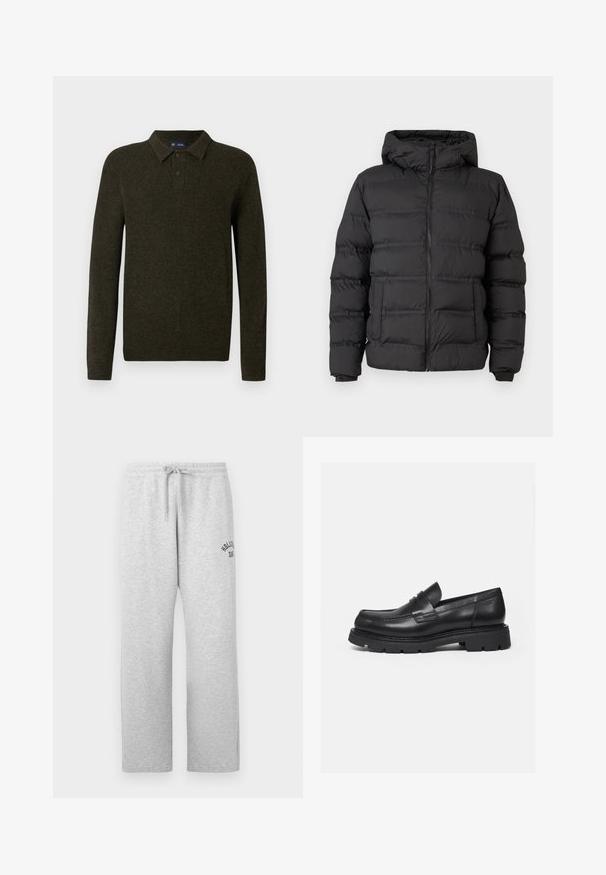 Sort pufferjakke med lynlås foran, tætsiddende hætte og syede sektioner til isolering. Blød, glat tekstur og en struktureret design.; Grøn langærmet polo sweater med struktureret finish, to knaplukninger og ribstrikkede manchetter. Enkel, klassisk design der er velegnet til afslappet brug.; Lys grå sweatpants med elastisk talje, snor, sidelommer og lille "Hollister Surf" logo på den øverste venstre lår.; Sort læderloafer med tyk rillede sål og penny-remdetalje, vist i højre sideprofil på hvid baggrund.