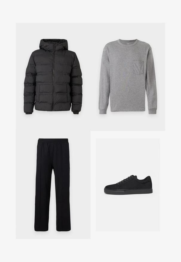 Doudoune noire avec fermeture éclair à l'avant, capuche ajustée et sections cousues pour l'isolation. Texture douce et lisse, avec un design structuré.; T-shirt à manches longues gris avec un col rond, doté d'une poche poitrine et de poignets côtelés. Fabriqué en coton souple et léger.; Pantalons noirs à jambes droites avec taille élastique et coutures verticales sur le devant, sur un fond blanc uni.; Baskets basses noires avec fermeture à lacets à l'avant et semelle en caoutchouc plate, vues de profil sur fond blanc.