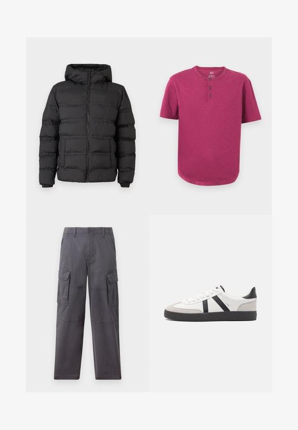 Abrigo de plumas negro con cierre frontal, capucha ajustada y secciones cosidas para aislamiento. Textura suave y lisa, y un diseño estructurado.; Camiseta henley de manga corta en un vibrante color magenta. Presenta un cuello redondo, tapeta de tres botones y un dobladillo ligeramente curvado. Textura suave.; Hollister Co. SKATER BAGGY - Pantalones cargo - grey; Zapatilla blanca con acentos en negro y gris, que presenta una puntera texturizada en gris, suela de goma negra y cordones planos blancos. Diseño limpio, estilo minimalista.