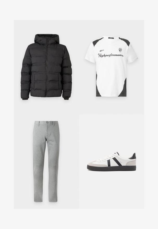 Doudoune noire avec fermeture éclair à l'avant, capuche ajustée et sections cousues pour l'isolation. Texture douce et lisse, avec un design structuré.; T-shirt blanche à manches courtes avec des accents noirs. Présente le logo "REPLAY FC" et le texte "Highperformance" dans une police sportive. Fabriquée à partir d'un matériau lisse.; Pantalons gris à jambe droite en tissu texturé. Dotés d'une fermeture à bouton, de passants de ceinture et de poches latérales pour plus de fonctionnalité.; Baskets blanches avec des accents noirs et gris, présentant un embout texturé gris, une semelle en caoutchouc noir et des lacets plats blancs. Design épuré, style minimaliste.