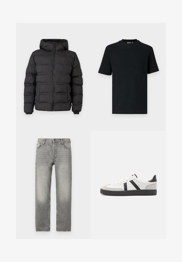 Sort pufferjakke med lynlås foran, tætsiddende hætte og syede sektioner til isolering. Blød, glat tekstur og en struktureret design.; Sort kortærmet ribstrikket T-shirt med rund hals og et lille synligt mærke indeni kraven.; Grå denim jeans med en afslappet pasform, der har en lysvasket finish, fem lommers design, knaplukning og lige ben.; Hvide sneakers med sorte og grå detaljer, med en tekstureret grå tåhætte, sort gummisål og flade hvide snørebånd. Rent design, minimalistisk stil.