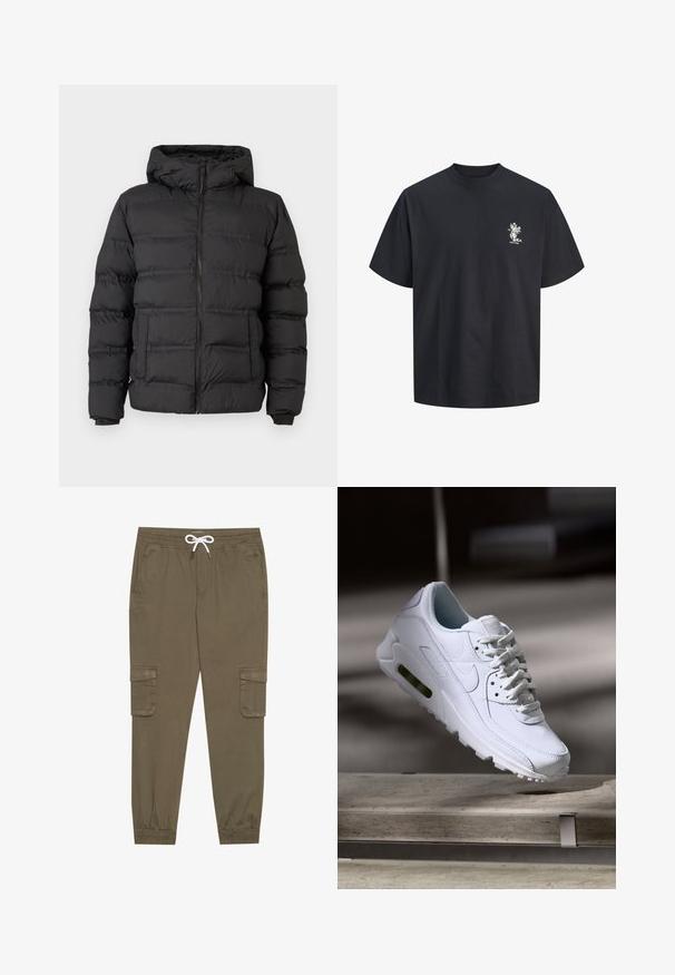 Black puffer jacket featuring a zippered front, fitted hood, and stitched sections for insulation. Soft, smooth texture and a structured design.; Black short-sleeve crew neck t-shirt with small white floral graphic and text on left chest area.; Khaki cargo pants with an elastic waistband and drawstring, featuring side pockets and cuffed ankles. Made from a textured, lightweight material.; White leather sneaker with textured surfaces, padded collar, and visible air cushioning in sole. Features laces and a minimalistic design.