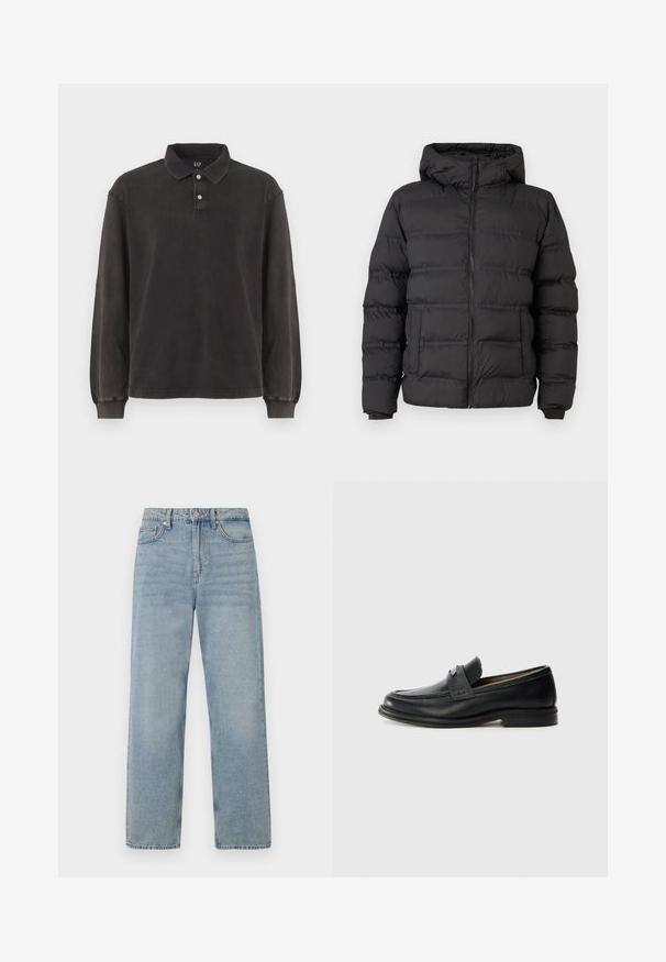 Abrigo de plumas negro con cierre frontal, capucha ajustada y secciones cosidas para aislamiento. Textura suave y lisa, y un diseño estructurado.; Camisa polo de manga larga en tejido gris oscuro, con un cuello clásico, tapeta de tres botones y puños acanalados. Textura suave con un diseño minimalista.; Jeans de mezclilla azul claro con una cintura alta, diseño de pierna recta, estilo de cinco bolsillos y un ligero desgaste para un efecto usado.; Mocasines de cuero negro con un acabado suave, que presentan una banda superior texturizada, tacón bajo y detalles de costura mínimos.