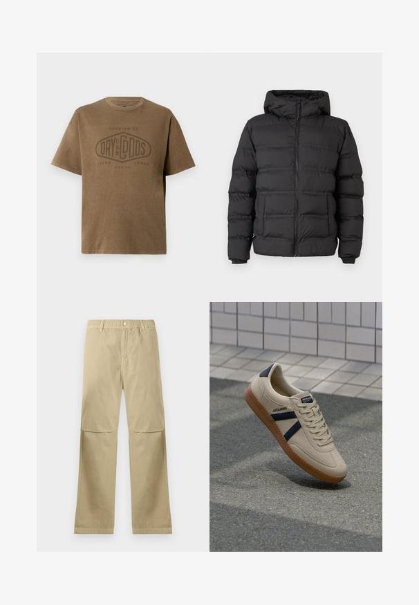 Sort pufferjakke med lynlås foran, tætsiddende hætte og syede sektioner til isolering. Blød, glat tekstur og en struktureret design.; Brun kortærmet T-shirt med rund hals og falmet logo tekst "Premium Co. Dry On My Gods Jack & Jones Est. 90" trykt på fronten.; Beige lige bukser med trykknaplukning, bæltestropper og syninger ved knæene, liggende fladt på en hvid baggrund.; Beige sneaker med struktureret overflade, marineblå striber og gummisål. Har en polstret tunge og traditionelt snørresystem for en sikker pasform.