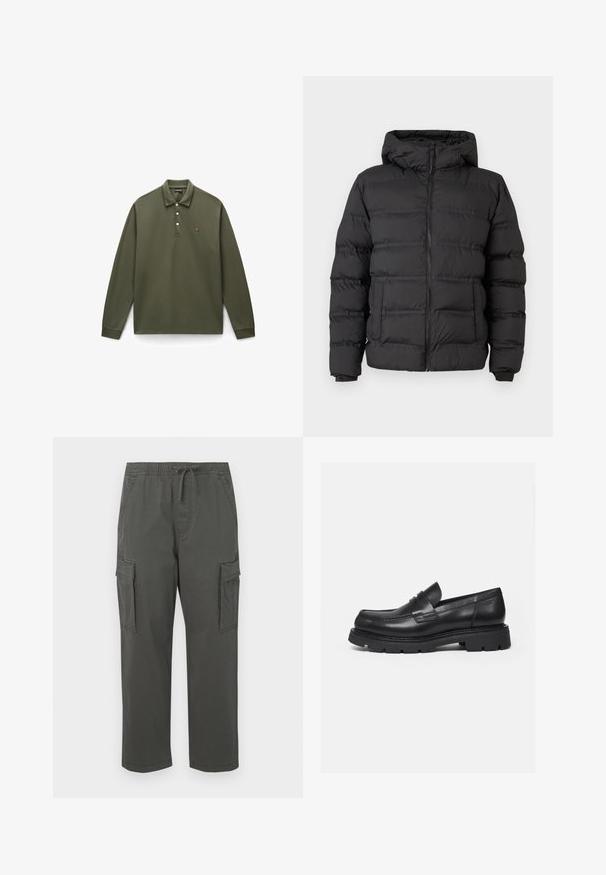 Doudoune noire avec fermeture éclair à l'avant, capuche ajustée et sections cousues pour l'isolation. Texture douce et lisse, avec un design structuré.; Polo à manches longues de couleur vert olive en coton, doté d'une patte de boutonnage à trois boutons, de poignets côtelés et d'un petit logo brodé sur la poitrine.; Pantalons cargo gris foncé avec une taille élastique, un cordon de serrage, des poches à rabat sur les côtés et une coupe droite.; Mocassin en cuir noir avec semelle épaisse crantée et détail de bride penny, présenté en profil droit sur fond blanc.