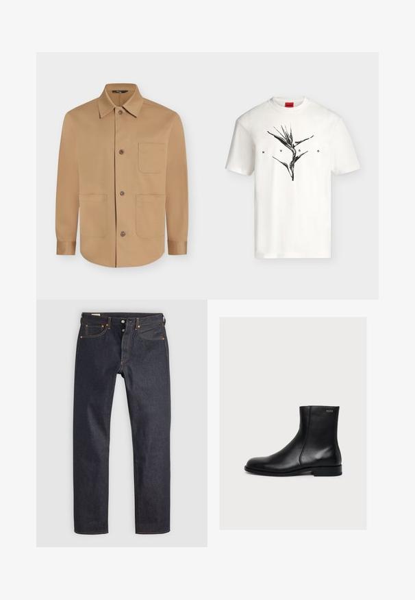 Tan langærmet skjorte med knapper, krave og tre forlommer, vist på en flad overflade.; Hvid t-shirt med korte ærmer med sort abstrakt plantegrafik i midten og bogstaverne H U G O placeret rundt om designet, rød mærkeetiket inde i kraven.; Mørkeblå denimjeans med lige ben, prydet med orange syninger og klassisk fem-lomme design. Lukning med knap og lynlås.; Sort glat læderankelstøvle med lav hæl og sidelukning med lynlås, mærket Hugo nær den øverste kant.