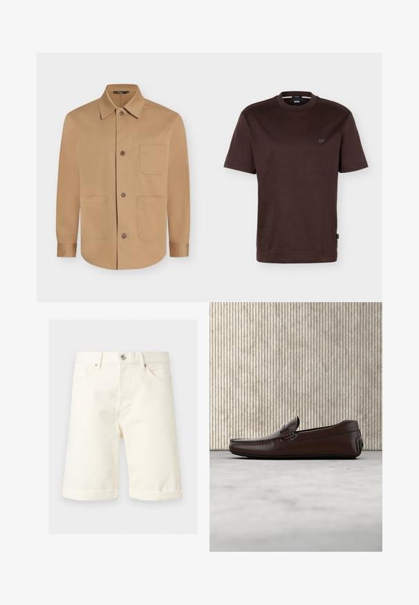 Chemise beige à manches longues avec col et trois poches plaquées à l'avant, présentée à plat.; T-shirt à manches courtes, col rond, uni de couleur marron foncé, avec un petit logo rond sur la poitrine gauche et une étiquette de marque noire sur la couture latérale.; Short en denim couleur crème jusqu'aux genoux avec poches avant, passants de ceinture, fermeture par bouton et ourlets retournés.; Mocassins en cuir marron avec une finition lisse, des coutures de style mocassin, un bout rehaussé et une semelle en caoutchouc basse et flexible.