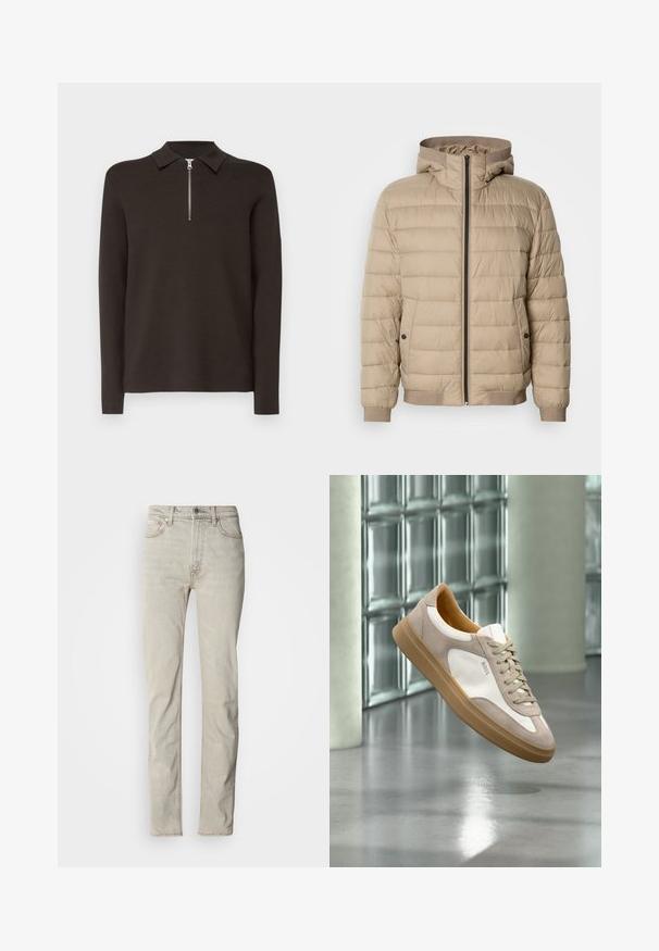 Beige pufferjack met horizontale stiksels, een capuchon, ritssluiting aan de voorkant, zijzakken met drukknoopsluitingen en ribgebreide manchetten en zoom.; Donkerbruin poloshirt met lange mouwen, een kraag en een korte zilveren ritssluiting. Gemaakt van een gladde, zachte stof. Geen patronen of accenten.; Beige denim jeans met een rechte pijp, vijfzakkenstijl en een knoopsluiting. Voorzien van een subtiele textuur en minimale stikaccenten.; Beige en witte sneaker met lichtbruine zool en "BOSS"-logo, zwevend boven een reflecterende gladde vloer met glazen blokkenmuur op de achtergrond.