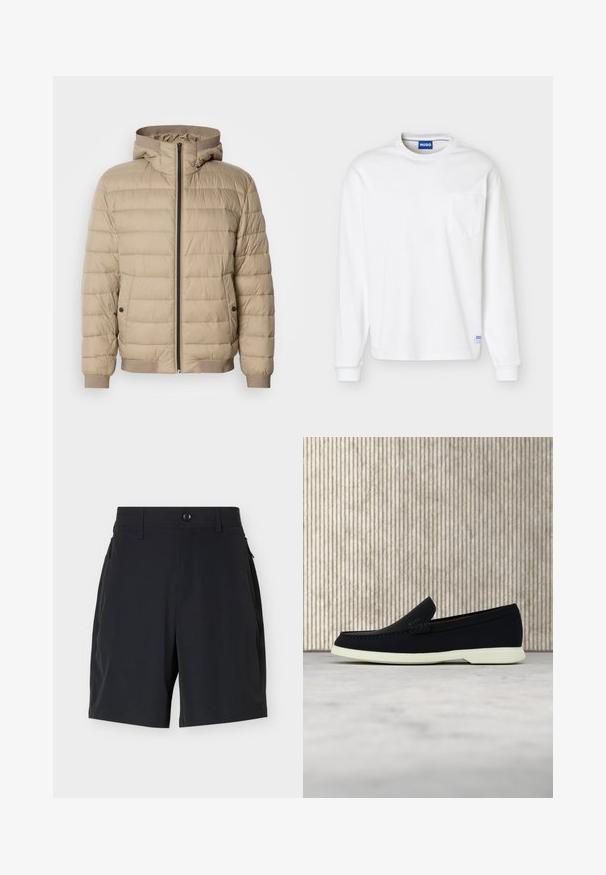 Beige Daunenjacke mit horizontalen Nähten, Kapuze, vorderem Reißverschluss, seitlichen Taschen mit Druckknöpfen und gerippten Bündchen und Saum.; Weißes Langarmshirt mit Rundhalsausschnitt, Brusttasche und blauem Markenlabel am Kragen sowie Saum.; Schwarze, maßgeschneiderte Shorts mit Knopfverschluss an der Taille, Gürtelschlaufen und seitlichen Reißverschlusstaschen vor einem schlichten, hellen Hintergrund.; Schwarzer Slipper mit runder Zehenpartie, präsentiert sich mit einem strukturierten Obermaterial, glatter weißer Sohle und einem dezenten Branding-Detail an der Seite.