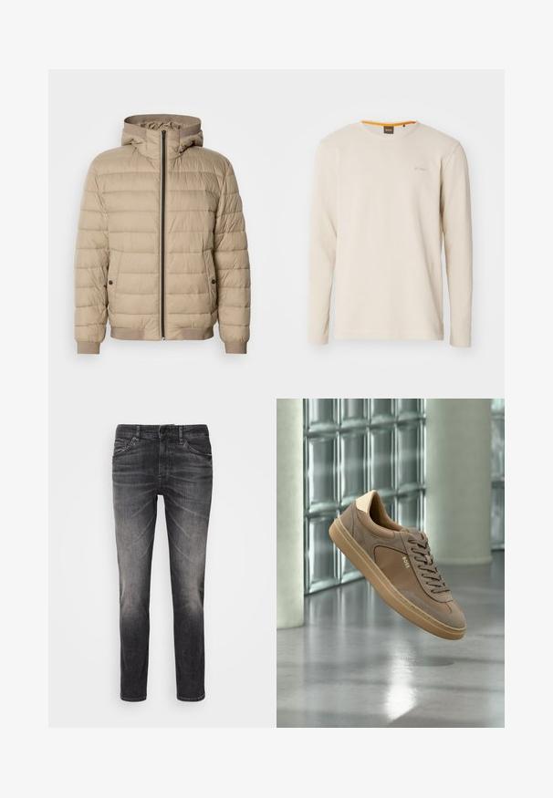 Beige Daunenjacke mit horizontalen Nähten, Kapuze, vorderem Reißverschluss, seitlichen Taschen mit Druckknöpfen und gerippten Bündchen und Saum.; Helles beige Langarm-T-Shirt aus strukturiertem Stoff. Mit Rundhalsausschnitt und einem kleinen Logo auf der Brust, das einen orangefarbenen Akzent im Kragen aufweist.; Schwarze Jeans aus Denim mit einem verblassten Finish, Fünf-Taschen-Design, Knopfverschluss, geradem Bein und sichtbaren Nähte.; Beiger Freizeitsneaker mit Schnürsenkeln und „BOSS“-Logo, der über einem polierten Betonboden mit Glasbausteinwand im Hintergrund schwebt.