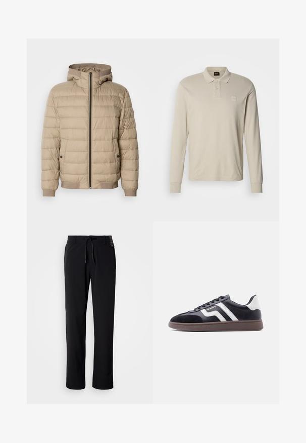 Veste matelassée beige avec des coutures horizontales, une capuche, une fermeture éclair à l'avant, des poches latérales avec boutons-pression, et des poignets et un ourlet côtelés.; Polo beige à manches longues en matière douce, doté d'un col classique, de trois boutons et d'un petit écusson avec logo sur la poitrine.; Pantalon noir et léger avec une coupe droite. Doté d'une taille à cordon de serrage et d'une texture lisse. Convient pour une tenue décontractée.; Baskets noires en suède et matériau synthétique, avec des bandes diagonales blanches et une semelle brun texturée. Elles présentent un design à lacets et un col rembourré.