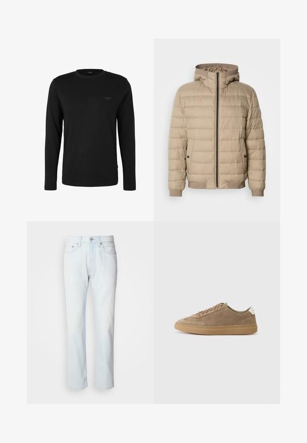 Veste matelassée beige avec des coutures horizontales, une capuche, une fermeture éclair à l'avant, des poches latérales avec boutons-pression, et des poignets et un ourlet côtelés.; T-shirt noir à manches longues et col rond avec un petit logo "JOOP! JEANS" sur la poitrine gauche, présenté sur un fond blanc uni.; Jean en denim bleu clair avec une coupe droite. Présente une fermeture à bouton et des passants de ceinture, mettant en valeur une texture décolorée et des coutures minimalistes.; Baskets en cuir suédé de couleur marron clair avec une semelle en caoutchouc. Possède un design à lacets et un style minimaliste, rehaussé par un onglet de talon blanc.
