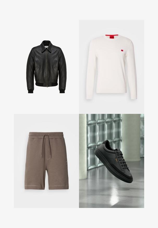 Sort læderbomberjakke med frontlynlås, ribbede manchetter og kant, to skrå sidelommer og en spids krave.; Hvid crewneck sweater med lange ærmer, lavet af blødt stof. Har en lille rød logo-patch på brystet og en kontrasterende rød mærkat ved halsudskæringen.; Brune bomuldsblandede shorts med elastisk talje, justerbar snor og sidelommer. Har kontrastsyninger og et logo patch.; Sort lavtop sneakers i læder med sorte snørebånd og guld "BOSS" logo, vist i luften mod en glasblokvæg og gråt gulv.
