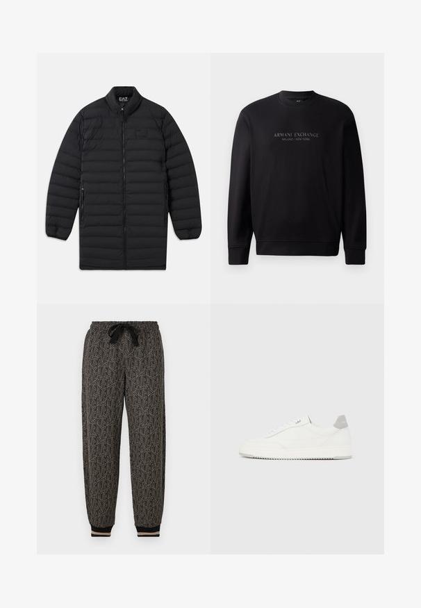 Čierny prešívaný dlhý kabát s predným zipsom, bočnými vreckami na zips a stojacím golierom, s logom EA7 Emporio Armani na hrudi a vo vnútri goliera.; Čierna mikina s okrúhlym výstrihom, na prednej strane s embosovaným textom "ARMANI EXCHANGE MILANO / NEW YORK". Tkanina je hladká s rebrovanými manžetami.; Kvetinové jogger nohavice v čiernej a béžovej farbe, s elastickým pásom na šnúrku, rebrovanými manžetami a geometrickým vzorom po celom povrchu.; Biela nízka teniska so sivým pätovým pásikom, bielymi šnúrkami a členitou podrážkou, zobrazená na jednoduchom svetlom pozadí.