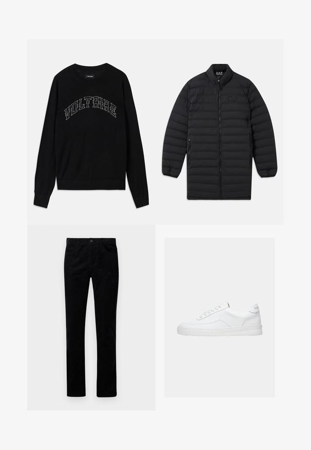 Manteau long matelassé noir avec fermeture avant à glissière, poches latérales zippées et col montant, arborant le logo EA7 Emporio Armani sur la poitrine et à l'intérieur du col.; Pull noir avec un col rond et des manches longues. "VOLTAIRE" en couture contrastée sur la poitrine. Texture douce et design ajusté.; Pantalons en velours côtelé noirs avec une coupe droite, dotés de poches avant et d'une fermeture par bouton en métal. Texture douce avec des côtes verticales.; Baskets basses blanches avec un design à lacets, dessus en cuir lisse et semelle épaisse, montrées de profil sur un fond uni.