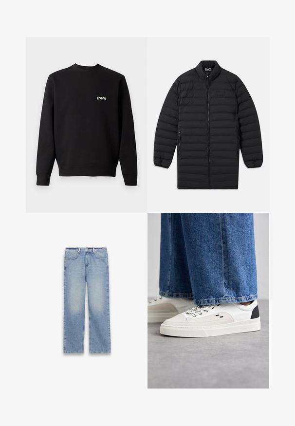 Čierny prešívaný dlhý kabát s predným zipsom, bočnými vreckami na zips a stojacím golierom, s logom EA7 Emporio Armani na hrudi a vo vnútri goliera.; Čierna mikina s okrúhlym výstrihom, dlhými rukávmi a rebrovanými manžetami. Na hrudi sa nachádza malé biele vyšívané logo. Materiál z bavlnenej zmesi.; Svetlomodré rifle rovného strihu s piatimi vreckami, pútkami na opasok a zapínaním na gombík a zips.; Biele a čierne tenisky s hladkým koženým zvrškom, štruktúrovanými akcentmi a masívnou bielou podrážkou. Obsahujú klasický dizajn so šnurovaním.