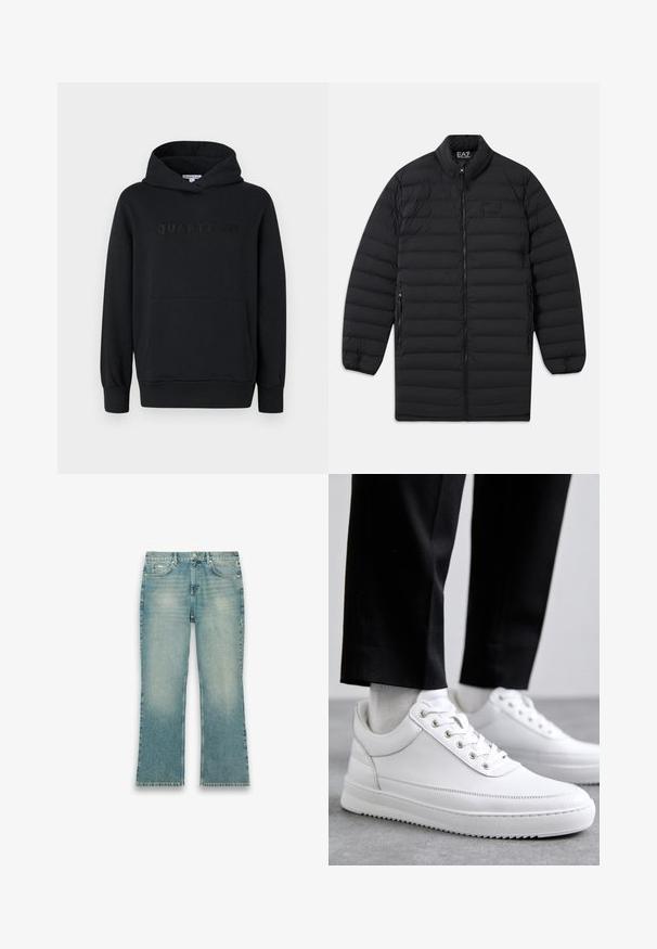 Manteau long matelassé noir avec fermeture avant à glissière, poches latérales zippées et col montant, arborant le logo EA7 Emporio Armani sur la poitrine et à l'intérieur du col.; Sweat à capuche noir, tissu doux, design à enfiler, poche kangourou à l'avant, logo "QUARTZ CO" en relief sur la poitrine, poignets et ourlet côtelés.; Jean en denim bleu clair avec légère décoloration, coupe droite, bouton à l'avant et cinq poches, sur fond blanc.; Baskets blanches en cuir avec une semelle en caoutchouc plat, présentant une finition lisse, un bout rond et des œillets en métal pour les lacets. Portées avec un pantalon noir.