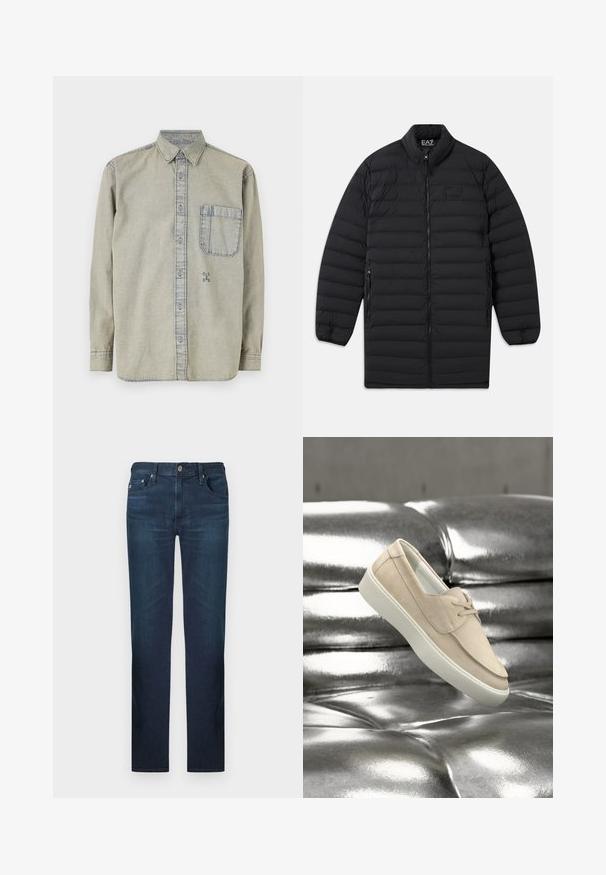 Must mustriline, pikitud pikk jakk esikoiu tõmbluku, tõmbelukuga küljetaskute ja püsti kraega, mis on varustatud EA7 Emporio Armani logoga rinnal ja krae sees.; Heled halli teksapusa, millel on nööbid-krae, pikad varrukad, üks rinna-tasku ja väike brodering all vasakul küljel.; Tumedat sinised denimid sirge säärega, klassikalise viie tasku ja metallnupuga kinnitusega. Sile tekstuur.; Beežist seemisnahast libisev jalats valge tallaga, millel on ümmargune varvas ja minimalistlik disain, paigutatud läikiva metallilise tausta vastu.