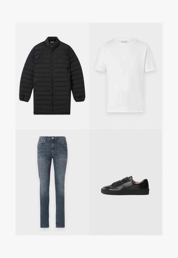 Zwarte gewatteerde lange jas met voorrits, ritszakken aan de zijkant en opstaande kraag, met het EA7 Emporio Armani-logo op de borst en binnenkant van de kraag.; Witte t-shirt met korte mouwen van katoen. Heeft een ronde halslijn en een rechte zoom. Geen patronen of versieringen. Eenvoudig ontwerp.; Slim-fit donkerblauwe spijkerbroek met een vervaagd uiterlijk, voorzakken en een traditionele knoopsluiting. Gladde textuur en rechte pijpen.; Zwarte leren sneaker met een gladde textuur, ronde neus en vetersluiting. Heeft een dikke rubberen zool en minimale merkaanpassing.