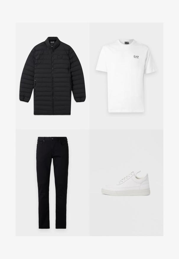 Schwarze, gesteppte Langjacke mit Frontreißverschluss, seitlichen Reißverschlusstaschen und Stehkragen, mit EA7 Emporio Armani-Logo auf der Brust und innen am Kragen.; Weißes Baumwoll-T-Shirt mit Rundhals, kurzen Ärmeln und schwarzem EA7-Logo auf der linken Brust. Glatte, einfarbige Textur.; Emporio Armani POCKETS PANT - Jeans Slim Fit - black denim; Weißer Ledersneaker mit abgerundetem Zehenbereich, flacher Sohle und Schnürverschluss. Verfügt über Nahtdetails und einen gepolsterten Kragen für zusätzlichen Komfort.
