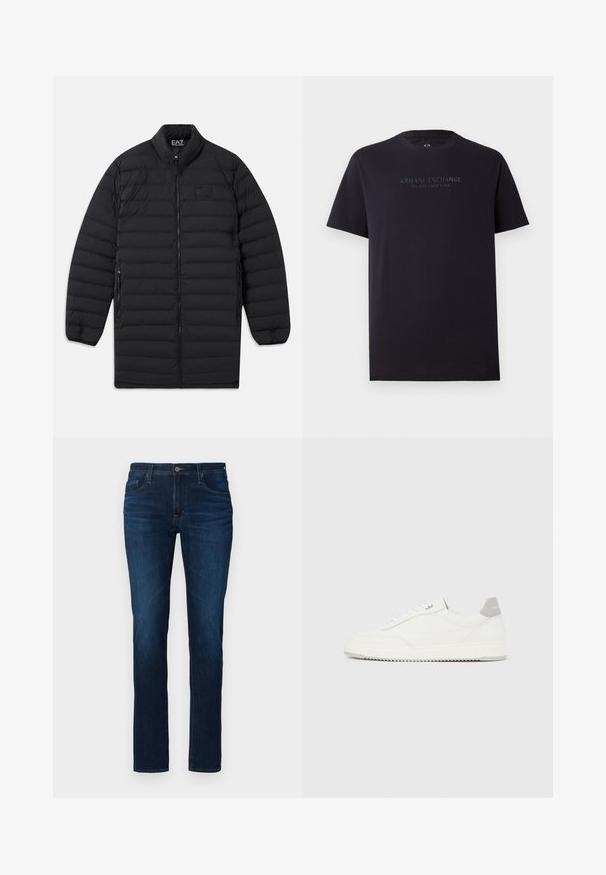 Sort quiltet lang jakke med frontlynlås, lynlåslommer på siden og høj krave, med EA7 Emporio Armani-logo på brystet og indvendig på kraven.; Sort bomulds t-shirt med korte ærmer, rund hals og en let afslappet pasform. Har "ARMANI EXCHANGE MILANO / NEW YORK" i mørkegrå tekst.; Mørkeblå denimjeans med lige ben, der har standard knap- og lynlåslukning, fem lommer og let lysning.; Hvid lavtop-sneaker med gråt hælflig, hvide snørebånd og tekstureret sål, vist på en ensfarvet lys baggrund.